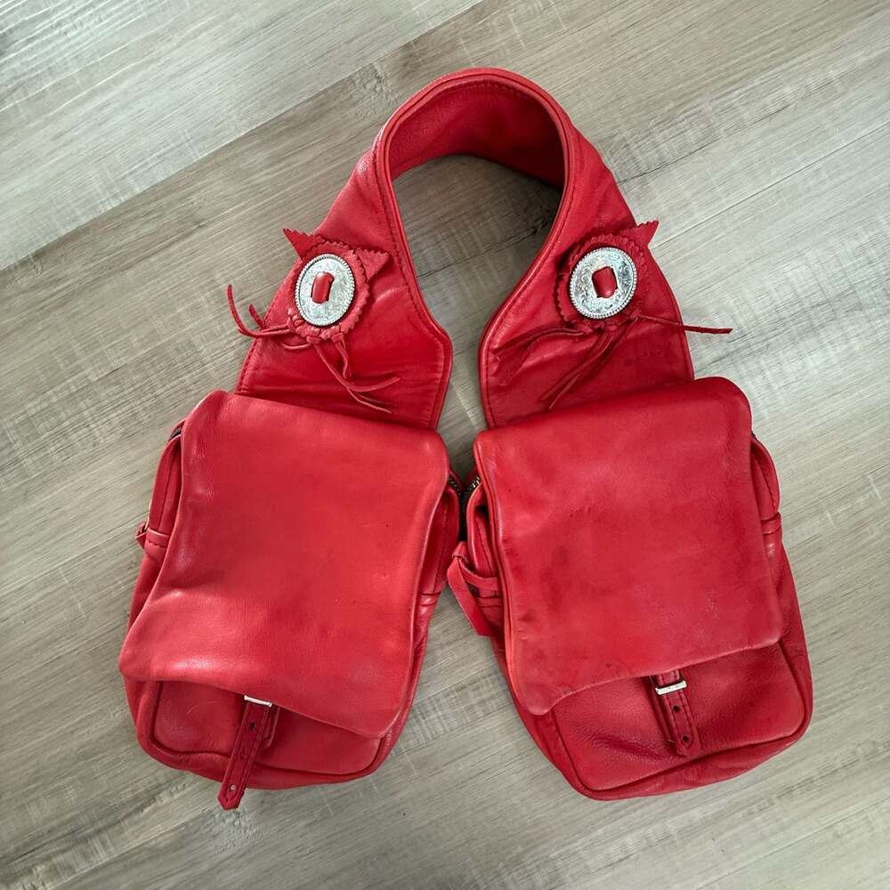 Vintage JW Hulme Co. Red Leather Concho Double Pocket Sling Saddle Bag